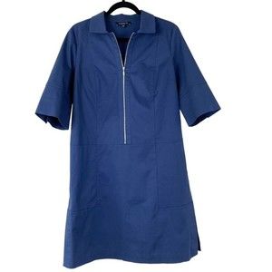 LAFAYETTE 148 NEW YORK Womens Zip Front Poplin Midi Shirt Dress L Navy Blue
